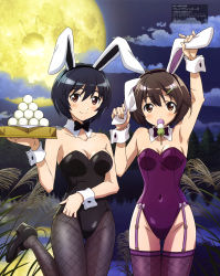 Rule 34 | 2girls, absurdres, animal ears, black bow, black bowtie, black fox, black hair, black legwear, bow, bowtie, brave witches, breasts, brown eyes, brown hair, cleavage, closed mouth, cloud, collarbone, covered navel, dango, detached collar, fishnets, food, forest, garter straps, gluteal fold, hair between eyes, hair ornament, hairclip, highres, holding, holding food, itoi megumi, karibuchi hikari, lake, leotard, looking at viewer, mc axis, mochi, moon, mouth hold, multiple girls, nature, night, pantyhose, playboy bunny, purple legwear, rabbit ears, rabbit girl, sanshoku dango, scan, shimohara sadako, short hair, small breasts, smile, standing, standing on one leg, thighhighs, wagashi, world witches series, wrist cuffs