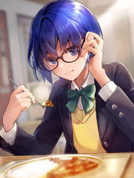 Rule 34 | 1girl, :t, absurdres, adjusting hair, blazer, blue eyes, blue hair, ciel (tsukihime), curry, eating, food, fork, glasses, green ribbon, highres, holding, holding fork, jacket, looking at viewer, mkr (wepn3428), ribbon, rice, shirt, short hair, solo, sweater vest, tsukihime, tsukihime (remake), vest, white shirt, yellow vest