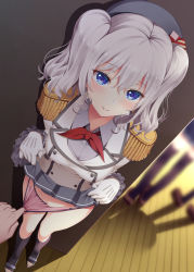 Rule 34 | 10s, 3girls, around corner, asahina hikage, blush, breasts, clothes lift, commentary request, epaulettes, gloves, grey eyes, hat, jacket, kantai collection, kashima (kancolle), large breasts, long sleeves, looking at viewer, military, military uniform, multiple girls, panties, panty pull, pink panties, pov, pov hands, pulling another&#039;s clothes, silver hair, skirt, skirt lift, smile, twintails, underwear, uniform, wavy hair, white gloves