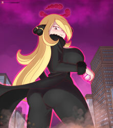 Rule 34 | 1girl, absurdres, ass, blonde hair, breasts, city, creatures (company), cynthia (pokemon), dakunart, dynamax, female focus, fur trim, game freak, giant, giantess, hair over one eye, highres, huge breasts, long hair, looking at viewer, nintendo, poke ball, pokemon, pokemon dppt, solo, thick thighs, thighs