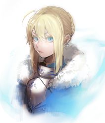 Rule 34 | 1girl, absurdres, ahoge, armor, artoria pendragon (all), artoria pendragon (fate), bad id, bad pixiv id, blonde hair, blue cape, blue eyes, braid, breastplate, cape, fate/stay night, fate (series), fur collar, fur trim, gorget, hair between eyes, highres, looking at viewer, ohisashiburi, parted lips, portrait, saber (fate), short hair, solo, upper body