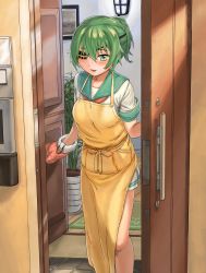 Rule 34 | 10s, 1girl, absurdres, apron, blush, collarbone, door, doorway, eyepatch, green eyes, green hair, hair between eyes, highres, indoors, kantai collection, kiso (kancolle), looking at viewer, neckerchief, open mouth, oven mitts, painting (object), plant, ponytail, potted plant, pov doorway, rug, sailor collar, school uniform, serafuku, shieni, short hair, short sleeves, smile, solo, tile floor, tiles, wooden floor