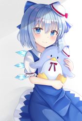 Rule 34 | 1girl, bad id, bad pixiv id, bird, blue dress, blue hair, blush, cirno, commentary request, cropped legs, doll, dress, gradient background, grey background, hair between eyes, hair ribbon, hat, holding, holding doll, looking at viewer, mini hat, nibosi, penguin, pinafore dress, puffy short sleeves, puffy sleeves, ribbon, sanrio, shirt, short hair, short sleeves, simple background, sitting, sleeveless dress, smile, solo, touhou, tuxedo sam, white background, white shirt, wings