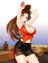 Rule 34 | 1girl, anagumasan, armpits, arms up, black skirt, breasts, brown eyes, brown hair, card, casino, cleavage, fatal fury, female focus, highres, holding, holding card, large breasts, long hair, looking at viewer, matching hair/eyes, midriff, navel, pencil skirt, playing card, ponytail, roulette table, shiranui mai, skirt, smile, snk, solo, standing, table, the king of fighters