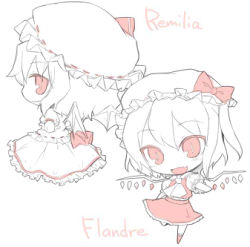Rule 34 | 2girls, 7010, female focus, flandre scarlet, full body, hat, lowres, monochrome, multiple girls, remilia scarlet, simple background, skirt, spot color, touhou, white background
