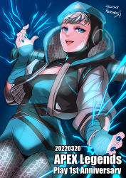 Rule 34 | 1girl, absurdres, animification, apex legends, bandaged arm, bandages, beret, black jacket, blue bodysuit, blue hat, blue nails, bodysuit, breasts, cleavage, copyright name, dated, facial scar, grey hair, hat, haute drop wattson, highres, hood, hooded bodysuit, hooded jacket, jacket, medium breasts, nail polish, official alternate costume, ramune02, scar, scar on cheek, scar on face, smile, solo, wattson (apex legends)