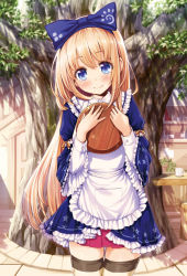Rule 34 | 1girl, apron, blonde hair, blue eyes, blush, bow, cowboy shot, day, eyebrows, frills, hair bow, long hair, original, outdoors, pleated skirt, skirt, smile, solo, standing, striped clothes, striped thighhighs, thighhighs, tokunou shoutarou, tray, tree, waitress, zettai ryouiki