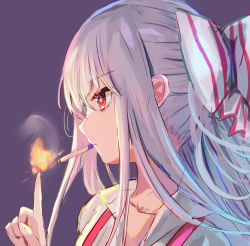 Rule 34 | 1girl, absurdres, bow, cigarette, closed mouth, collar, collarbone, collared shirt, fire, fujiwara no mokou, grey hair, hair between eyes, hair bow, hand up, highres, light, long hair, looking to the side, lshiki, multicolored bow, pointing, purple background, red bow, red eyes, shadow, shirt, short sleeves, simple background, smoking, solo, striped, striped bow, touhou, upper body, white bow, white shirt