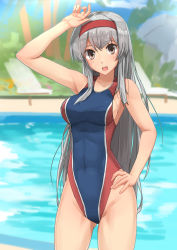 Rule 34 | 10s, 1girl, alternate costume, armpits, arms up, bad id, bad pixiv id, bare shoulders, blush, breasts, brown eyes, competition swimsuit, covered navel, cowboy shot, grey hair, hairband, hand on own hip, highleg, highleg swimsuit, highres, kantai collection, long hair, looking at viewer, one-piece swimsuit, open mouth, osananajimi neko, pool, shoukaku (kancolle), sideboob, smile, solo, standing, swimsuit, water