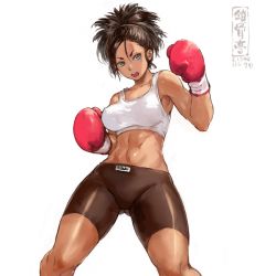 Rule 34 | 1girl, abs, artist logo, bike shorts, blue eyes, boxing gloves, brown hair, covered erect nipples, gluteal fold, legs apart, looking at viewer, midriff, navel, open mouth, original, shu-mai, simple background, solo, standing, tank top, white background