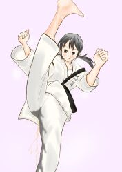 Rule 34 | 1girl, angry, artist request, barefoot, belt, black belt, black hair, blush, breasts, brown eyes, clenched hands, collarbone, dougi, embarrassed, eyelashes, feet, female focus, fighting stance, fingernails, hands up, highres, idolmaster, idolmaster cinderella girls, karate gi, kicking, leg up, long hair, looking at viewer, low twintails, medium breasts, nakano yuka, namco, neck, peeing, peeing self, shirt, sidelocks, simple background, soles, standing, standing on one leg, sweatdrop, swept bangs, toenails, toes, twintails, v-shaped eyebrows, wet, wet clothes