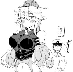 Rule 34 | 1boy, 1girl, admiral (kancolle), blush, breasts, cleavage, fingerless gloves, gloves, greyscale, hair between eyes, hat, headgear, iowa (kancolle), kantai collection, kusanagi tonbo, large breasts, long hair, military, military uniform, monochrome, naval uniform, peaked cap, shirt, sleeveless, sleeveless shirt, star-shaped pupils, star (symbol), symbol-shaped pupils, uniform, white background