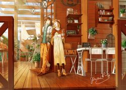 Rule 34 | 1boy, 1girl, blonde hair, book, bookshelf, brown hair, chair, cup, dress, flower, fusui, hand in pocket, hat, house, lantern, leaning back, light particles, long hair, looking at another, looking to the side, open mouth, original, outdoors, pantyhose, plant, porch, potted plant, railing, scenery, shawl, shelf, short hair, signature, steam, sunlight, table, teacup, teapot, wooden floor