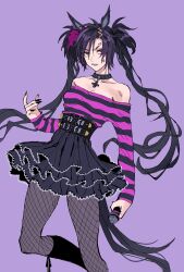 Rule 34 | 1girl, absurdres, air shakur (umamusume), alternate costume, alternate hairstyle, anger vein, animal ears, bare shoulders, black hair, black nails, black skirt, breasts, cleavage, clenched teeth, collar, collarbone, corset, eyebrow piercing, feet out of frame, fingernails, fishnet pantyhose, fishnets, highres, holding, holding microphone, horse ears, horse girl, horse tail, layered skirt, long hair, looking at viewer, microphone, nayuta ggg, off-shoulder shirt, off shoulder, pantyhose, parted bangs, piercing, purple background, sharp fingernails, shirt, simple background, skirt, small breasts, solo, striped clothes, striped shirt, tail, teeth, twintails, umamusume, v-shaped eyebrows