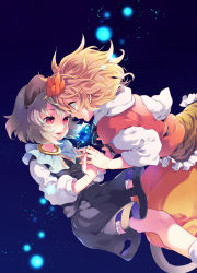 Rule 34 | 2girls, animal ears, blonde hair, capelet, frills, grey hair, hair ornament, holding hands, light particles, long sleeves, looking at another, looking up, mouse ears, mouse tail, multicolored hair, multiple girls, nazrin, night, open mouth, profile, red eyes, shirt, short hair, skirt, skirt set, smile, tail, tomobe kinuko, toramaru shou, touhou, two-tone hair, vest, yuri