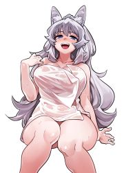 Rule 34 | 1girl, absurdres, animal ear fluff, animal ears, arm up, blue eyes, blush, breasts, collarbone, commentary request, feet out of frame, fukumaaya, highres, indie virtual youtuber, large breasts, long hair, looking at viewer, lumi (merryweather), naked towel, open hand, open mouth, sharp teeth, simple background, sitting, smile, solo, sweat, tareme, teeth, thick thighs, thighs, towel, virtual youtuber, white background, wolf ears, wolf girl