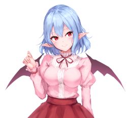 Rule 34 | 1girl, alternate breast size, bat wings, blue hair, breasts, center frills, commentary, frills, hair between eyes, hand up, head tilt, juliet sleeves, junior27016, long sleeves, looking at viewer, medium breasts, medium hair, pink shirt, pointy ears, puffy sleeves, red skirt, remilia scarlet, shirt, simple background, sketch, skirt, smile, solo, touhou, upper body, white background, wings