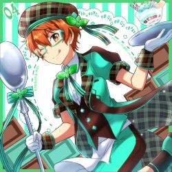 Rule 34 | 1boy, aki ma jiro, aoi kyosuke, black socks, buttons, collared shirt, food, glasses, gloves, hair between eyes, hat, highres, holding, holding plate, holding spoon, ice cream, idolmaster, idolmaster side-m, looking at another, male focus, one eye closed, orange eyes, orange hair, plate, shirt, short sleeves, smile, socks, solo, spoon, tongue, tongue out, white gloves