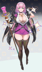 Rule 34 | 1girl, black choker, black jacket, blush, boots, breasts, brown footwear, choker, cleavage, closed mouth, collarbone, eyes visible through hair, frills, full body, gloves, green eyes, heart-shaped lock, high heel boots, high heels, highres, holding, holding staff, jacket, jewelry, key, keyring, large breasts, lock, looking at viewer, necklace, o-ring, ookuma nekosuke, original, patterned, patterned background, pink hair, purple skirt, short hair, skirt, smile, solo, sparkle, staff, thigh boots, thigh gap, thighhighs, tongue, tongue out, white gloves