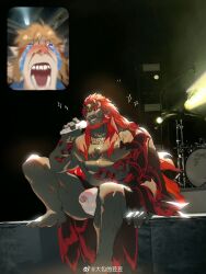 Rule 34 | 2boys, absurdres, bara, beard, blonde hair, blue eyes, crying, drum, drum set, earrings, facial hair, fan screaming at madison beer (meme), full beard, ganondorf, highres, holding, holding microphone, huge eyebrows, icelernd, instrument, jewelry, knee up, large pectorals, link, long hair, male focus, male underwear, mature male, meme, microphone, multiple boys, muscular, muscular male, music, nintendo, nipples, pectorals, photo background, pointy ears, red hair, screaming, see-through, singing, sitting, stage, stage lights, streaming tears, tears, the legend of zelda, the legend of zelda: tears of the kingdom, thick beard, thick thighs, thighs, underwear, wet, wet clothes, wet male underwear, white male underwear, yaoi