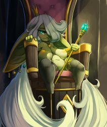 Rule 34 | colored skin, crown, earrings, female goblin, goblin, green skin, heart, heart necklace, highres, huffslove, jewelry, long hair, necklace, pointy ears, regina (huffslove), scepter, shortstack, sitting, throne, very long hair