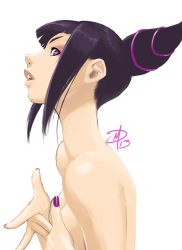 Rule 34 | 1girl, black hair, capcom, completely nude, covering privates, covering breasts, drill hair, halterneck, halterneck, han juri, lips, nail polish, nose, nude, polarityplus, profile, purple eyes, purple nails, short hair, sidelocks, signature, solo, spiked hair, street fighter, street fighter iv (series), twin drills, twintails
