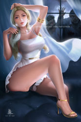 Rule 34 | 1girl, artofrok, blonde hair, blue eyes, breasts, capcom, clothes, curtains, dress, full body, high heels, indoors, jewelry, katherine warren, long hair, looking at viewer, medium breasts, night, resident evil, resident evil 2, shoes, sitting, twintails, window, zombie