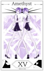 Rule 34 | 10s, 2015, 2others, amethyst (houseki no kuni), androgynous, bare arms, bare legs, black footwear, black necktie, black shorts, border, braid, character name, closed mouth, cojima, collared shirt, dated, full body, gem (symbol), hair over one eye, holding hands, houseki no kuni, legs apart, long legs, looking at viewer, monochrome, multiple others, necktie, one eye covered, profile, purple hair, purple theme, roman numeral, shirt, shoes, short hair, short sleeves, shorts, siblings, smile, standing, suspender shorts, suspenders, twins, uniform, white shirt