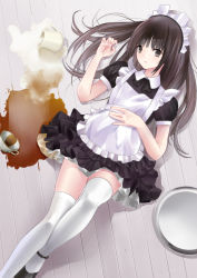 Rule 34 | 1girl, bad id, bad pixiv id, black eyes, black hair, chikuwa (glossymmmk), chikuwa (odennabe), coffee, cup, long hair, looking at viewer, lying, maid, maid headdress, md5 mismatch, milk, on back, original, solo, spill, teacup, thighhighs, tray, white thighhighs, wooden floor, zettai ryouiki