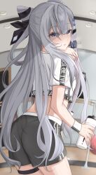 Rule 34 | 1girl, absurdres, ass, black shorts, bottle, breasts, character name, copyright name, crop top, double bun, grey eyes, grey hair, hair bun, highres, holding, holding bottle, hololive, hololive dance practice uniform, hololive indonesia, looking at viewer, makeitezz21, medium breasts, official alternate costume, shorts, solo, thigh strap, vestia zeta, virtual youtuber, water bottle
