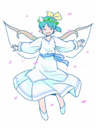 Rule 34 | 1girl, :d, = =, alternate costume, collarbone, daiyousei, facing viewer, fairy wings, falling petals, flower, full body, green hair, hair flower, hair ornament, large wings, long sleeves, no nose, obi, open mouth, outstretched arms, petals, pointy ears, rangycrow, sash, shirt, short hair, simple background, skirt, skirt set, smile, solo, spread arms, touhou, white background, white footwear, white shirt, white skirt, wide sleeves, wings, wreath