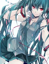 Rule 34 | 1girl, green hair, hatsune miku, long hair, looking at viewer, noka (blackheart1118), red eyes, skirt, smile, solo, twintails, very long hair, vocaloid
