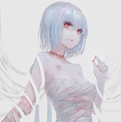Rule 34 | 1girl, absurdres, bandaged arm, bandages, blood, blue hair, breasts, commentary request, covered erect nipples, cuts, grey background, hair between eyes, hand up, highres, injury, kisei2, looking at viewer, medium breasts, naked bandage, original, parted lips, red eyes, short hair, solo, stitches