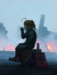 Rule 34 | 1girl, absurdres, ahoge, bag, black gloves, blonde hair, boots, bottle, box, brown footwear, cup, debris, fire, from side, full body, gloves, highres, md5 mismatch, ponytail, sitting, smoke, solo, tanya degurechaff, thermos, triximity, wooden box, youjo senki