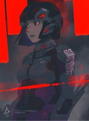 Rule 34 | 1girl, armor, aurahack, black hair, chinese text, headgear, highres, looking to the side, original, profile, red eyes, short hair, signature, solo, twitter username, upper body, watermark, web address