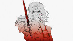 Rule 34 | 1boy, 2gno082, aiming, aiming at viewer, black hair, blood, blood on clothes, blood on face, bloody weapon, fate/grand order, fate (series), frown, gilles de rais (saber) (fate), male focus, multiple monochrome, open mouth, pointing weapon, short hair, solo, upper body, weapon