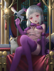 Rule 34 | 1girl, :o, animal ears, arm support, bare shoulders, bird, blush, book, book stack, bow, braid, breasts, cat, chain, character request, cosplay, detached collar, elbow gloves, fate/grand order, fate (series), feet out of frame, fire, french braid, fur-trimmed legwear, fur collar, fur trim, gloves, guitar, head tilt, highres, hk (hk), indoors, instrument, lamp, leaning back, looking at viewer, mash kyrielight, mash kyrielight (dangerous beast), mash kyrielight (dangerous beast) (cosplay), medium breasts, official alternate costume, open mouth, pink bow, purple gloves, purple thighhighs, red eyes, revealing clothes, sidelocks, silver hair, sitting, solo, tail, tassel, thighhighs, underboob, window, wolf ears, wolf tail