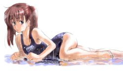 Rule 34 | 1girl, akasaai, arm support, barefoot, black eyes, brown hair, jpeg artifacts, lying, name tag, oekaki, on side, one-piece swimsuit, original, puddle, reflection, school swimsuit, short hair, sketch, solo, swimsuit, twintails, water, wet