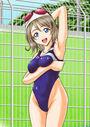 Rule 34 | 10s, 1girl, armpits, bad id, bad pixiv id, blue eyes, blue one-piece swimsuit, breast hold, breasts, brown hair, cleavage, competition swimsuit, cowboy shot, day, fence, from side, goggles, goggles on head, grass, head tilt, kamonegi (me1rugo39), legs together, looking at viewer, love live!, love live! sunshine!!, one-piece swimsuit, open mouth, outdoors, parted bangs, school uniform, short hair, smile, solo, standing, swept bangs, swim cap, swimsuit, teeth, thighs, upper teeth only, watanabe you, wet, wet hair