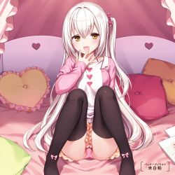 Rule 34 | 1girl, :d, arm support, artist name, bed, black thighhighs, blush, breasts, collarbone, frills, hair ribbon, hand to own mouth, heart, heart-shaped pillow, jacket, komeshiro kasu, long hair, one side up, open mouth, original, panties, pantyshot, pillow, pink panties, pink ribbon, ribbon, sitting, skirt, small breasts, smile, solo, spread legs, thighhighs, thighs, translated, underwear, white hair, yellow eyes
