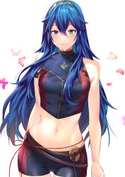 Rule 34 | 1girl, ameno (a meno0), armlet, bare shoulders, blue eyes, blue hair, bug, butterfly, closed mouth, crop top, fire emblem, fire emblem awakening, fire emblem heroes, hair between eyes, highres, insect, long hair, looking at viewer, lucina (fire emblem), midriff, navel, nintendo, pink butterfly, shorts, smile, solo, standing, stomach, swimsuit, tiara, very long hair