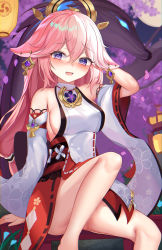 Rule 34 | 1girl, :d, absurdres, animal ears, arm behind head, arm support, ass, barefoot, blush, breasts, cherry blossoms, commentary request, detached sleeves, earrings, fox ears, fox girl, fox statue, genshin impact, hair between eyes, hair ornament, highres, japanese clothes, jewelry, knees up, lantern, long hair, long sleeves, looking at viewer, mitsudomoe (shape), no panties, nontraditional miko, open mouth, petals, pink hair, purple eyes, ribbon-trimmed sleeves, ribbon trim, sideboob, sidelocks, sitting, smile, solo, tomoe (symbol), vision (genshin impact), wide sleeves, yae miko, yuki (best010409)