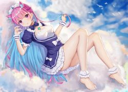 Rule 34 | 1girl, ahoge, anchor print, animal, animal ear fluff, animal ears, aqua nails, ass, bare legs, barefoot, bird, blue bow, blue bowtie, blue dress, blue hair, blue sky, blush, bow, bowtie, braid, breasts, cat ears, cleavage, cloud, cloudy sky, colored inner hair, day, dress, flock, french braid, frilled dress, frills, full body, hands up, headdress, heart, heart necklace, hokori sakuni, holding, holding hair, holding jewelry, holding ring, hololive, jewelry, kemonomimi mode, long hair, looking at viewer, medium breasts, minato aqua, minato aqua (1st costume), multicolored hair, nail polish, necklace, ornate ring, outdoors, parted lips, pink eyes, pink hair, reclining, ring, sidelocks, sky, solo, thighs, toenail polish, toenails, two-tone hair, very long hair, virtual youtuber, wedding ring, wrist cuffs