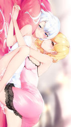 Rule 34 | 2girls, ass, babydoll, bare shoulders, blonde hair, blush, breast press, breasts, chemise, copyright request, highres, holding hands, interlocked fingers, leg up, li zhiheng, long hair, lying, medium breasts, multiple girls, on back, on stomach, orange eyes, parted lips, purple eyes, small breasts, wavy mouth, white hair, yuri