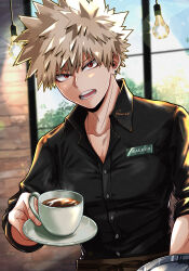 Rule 34 | 1boy, absurdres, apron, bakugou katsuki, barista, black shirt, blonde hair, boku no hero academia, brown apron, cafe, coffee, coffee cup, collared shirt, cup, disposable cup, earrings, esora-arts, highres, holding, holding saucer, holding tray, indoors, jewelry, light bulb, looking at viewer, male focus, name tag, necklace, red eyes, saucer, shirt, solo, spiked hair, steam, tray, waist apron, window