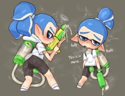 Rule 34 | 1boy, anal vibrator, bike shorts, blue eyes, blue hair, blush, cum, cum tube, english text, exhausted, hanuvo, hood, hoodie, ink tank (splatoon), inkling, inkling boy, inkling player character, machinery, milking machine, nintendo, pants, penis milking, pointy ears, sex toy, simple background, socks, solo, splatoon (series), splattershot (splatoon), sweat, sweatdrop, talking to viewer, tight clothes, tight pants, vibrator, vibrator under clothes, white hoodie, white socks