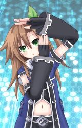 Rule 34 | 1girl, asymmetrical hair, belt buckle, blush, bow, brown hair, buckle, detached sleeves, female focus, fingerless gloves, g.g. shou, gloves, green eyes, hair bow, hair ornament, honeycomb (pattern), honeycomb background, if (neptunia), jacket, long hair, looking at viewer, midriff, navel, neptune (series), one side up, open clothes, open jacket, open mouth, ribbon, short sleeves, solo
