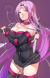 Rule 34 | 1girl, absurdres, bare shoulders, black dress, breasts, chain, cleavage, collar, covered navel, dagger, detached sleeves, dress, facial mark, fate/stay night, fate (series), forehead, forehead mark, gradient background, highres, hotate-chan, knife, large breasts, long hair, looking at viewer, medusa (fate), medusa (rider) (fate), nameless dagger (fate), parted bangs, purple background, purple hair, short dress, square pupils, strapless, strapless dress, thighs, very long hair, weapon