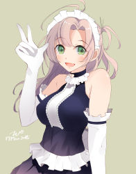 Rule 34 | 10s, 1girl, :d, alternate costume, bad id, bad pixiv id, bare shoulders, blush, breasts, dress, elbow gloves, enmaided, female focus, gloves, green eyes, halterneck, highres, kantai collection, kinugasa (kancolle), large breasts, long hair, looking at viewer, maid, maid headdress, open mouth, pink hair, remodel (kantai collection), sleeveless, sleeveless dress, smile, solo, tebi (tbd11), white gloves