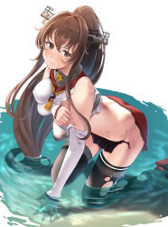 Rule 34 | 1girl, absurdres, ass, black legwear, blush, breasts, brown eyes, brown hair, covering privates, covering one breast, detached sleeves, embarrassed, covered erect nipples, female focus, headgear, highres, kantai collection, long hair, looking at viewer, matching hair/eyes, medium breasts, nose blush, numaguro (tomokun0808), partially submerged, ponytail, red skirt, sidelocks, skirt, solo, torn clothes, torn legwear, yamato (kancolle)